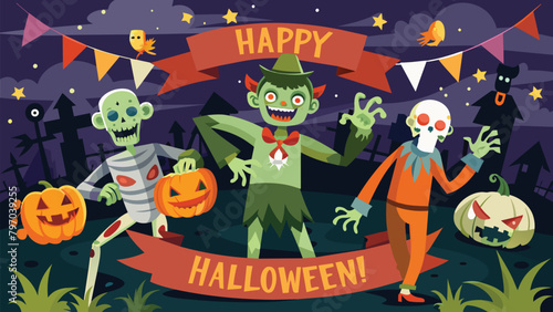 Halloween party invitation background evoking shivers with zombies, bats, and pumpkins.