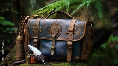 Vintage leather satchel in a mystical forest setting with antique accessories