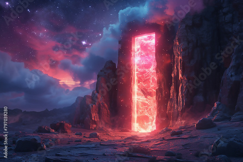 3d illustration of magic neon portal in a peak of foggy mountain. photo
