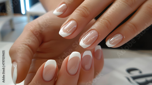 A closeup of the perfect french manicure on beautiful hands. showcasing clean and glossy nails with delicate white nail polish for an elegant look 