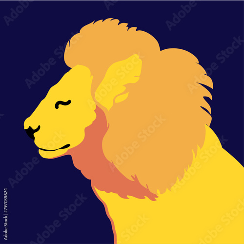Canvas Print Gold yellow leo lion vector with mane, orange blue flat style art illustration,