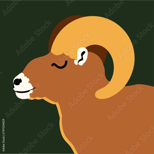 Aries Ram flat style vector illustration, brown tan gold green, simple cute bighorn sheep wildlife design, kid and zodiac