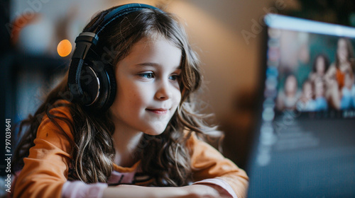 Teenage Girl Wearing Headphones Using Laptop For Homework, Education, Or Online Learning At Home