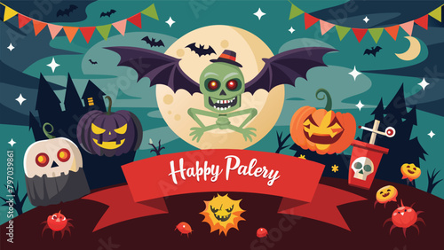 Halloween banner creating an ambiance with zombies, bats, and pumpkins.