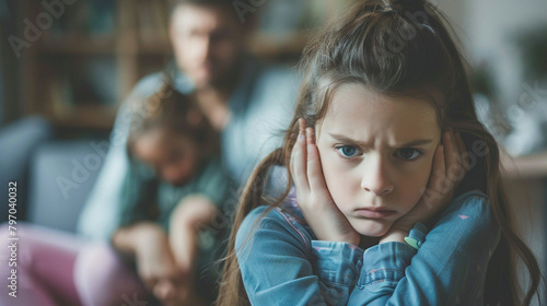 Sad Child Covering Ears While Parents Argue, Depicting Family Conflict And Divorce Problems At Home, For Use In Articles On Child Psychology Or Family Issues photo