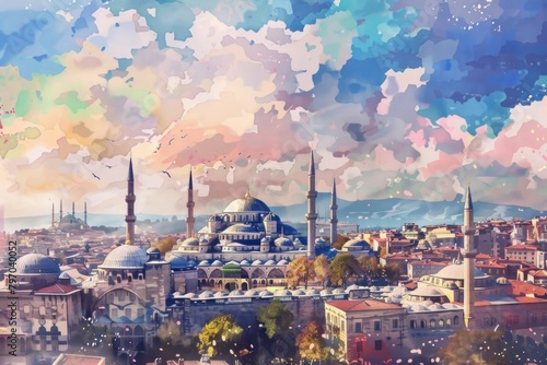 Artistic illustration of Istanbul with mosque, watercolor style photo