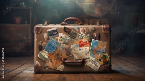 Vintage leather suitcase with faded travel stickers on a grungy background depicting years of adventures