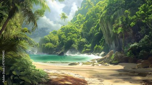 Secluded Tropical Beach With Cascading Cliffs And Waves