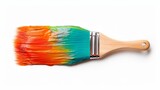 Colorful paintbrush with vibrant orange, green, and blue paint on a white background