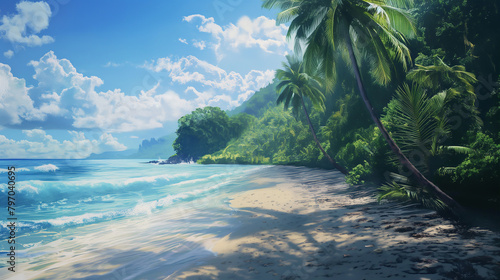 A Warm  Sunlit Tropical Beach  Where Crisp Waves Gently Kiss The Shoreline Edged By Verdant Foliage Under A Sky Of Fluffy Clouds