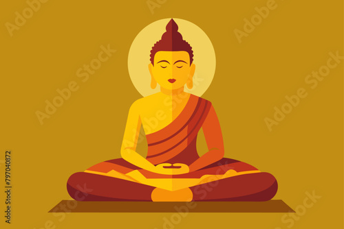 Buddha meditating on lotus position. Symbol of Buddhism. Concept of enlightenment, meditation, Zen, religion, spiritual awakening, inner peace, tranquility. Yellow background. Graphic art