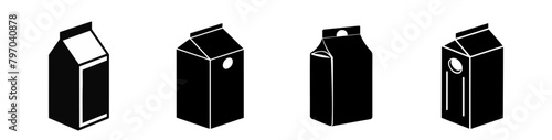 Set of Black silhouettes of milk cartons or juice cartons. Minimalist black and white design of dairy or beverage containers. Icon, logo, sign, pictogram, print. Isolated on white background. Packing