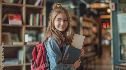 Smiling Teenage Girl With Backpack Studying Indoors, Back To School Concept, Perfect For Education And Learning Materials