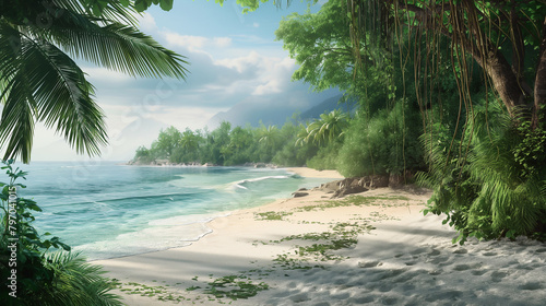 Serene Coastal View With Gentle Waves And Tropical Canopy