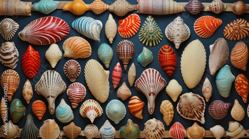 Vibrant collection of various seashells beautifully arranged on a dark background, showcasing natural diversity and color