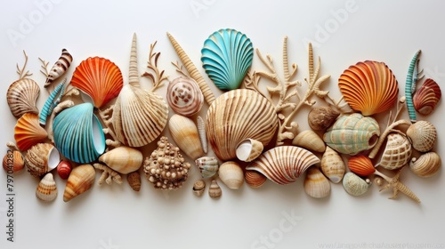 Vibrant collection of various seashells beautifully arranged on a dark background, showcasing natural diversity and color