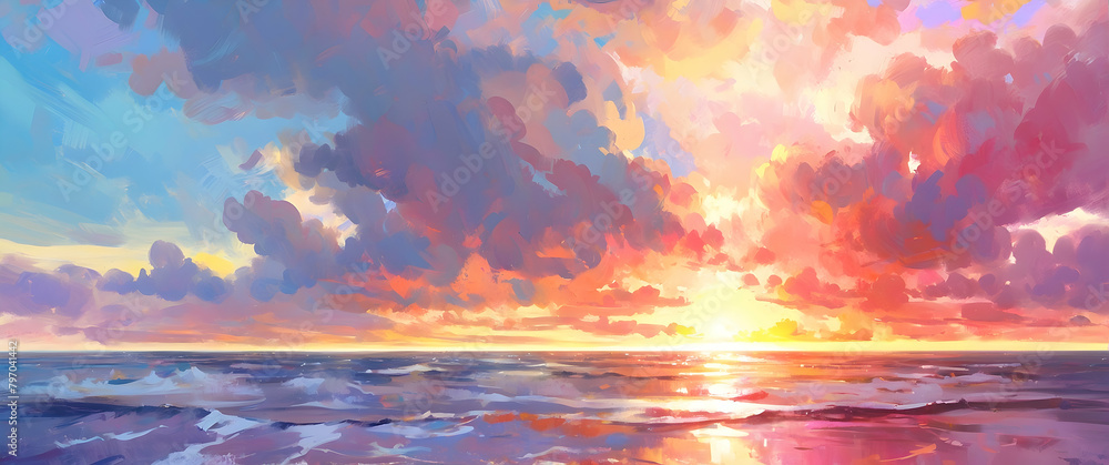 A picturesque digital painting of a serene sunset reflecting on the beach, characterized by vivid shades of orange, pink, and blue A picturesque digital painting of a serene sunset reflecting on the beach, characterized by vivid shades of orange, pink, and blue
