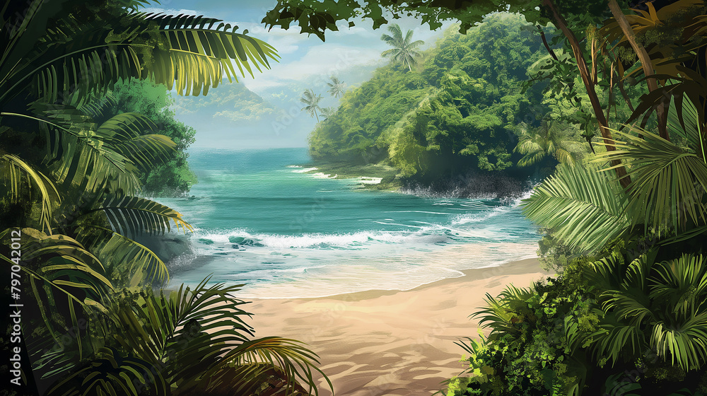 A Lush, Vibrant Beach Cove Enveloped In Tropical Foliage With Waves Gently Crashing Onto The Sandy Shore A Lush, Vibrant Beach Cove Enveloped In Tropical Foliage With Waves Gently Crashing Onto The Sandy Shore