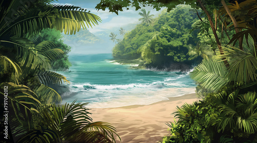 A Lush, Vibrant Beach Cove Enveloped In Tropical Foliage With Waves Gently Crashing Onto The Sandy Shore