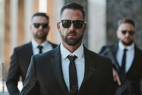 Professional bodyguards in suits and sunglasses serious and ready for protection. Concept Bodyguard Services, Executive Protection, Security Detail, VIP Escorts, Personal Security