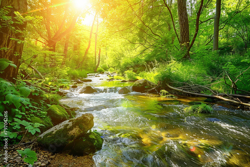 A tranquil river flowing through a sun-dappled forest.