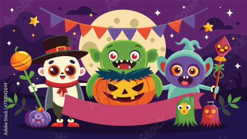 Halloween banner creating a spooky ambiance with zombies, bats, and pumpkins.