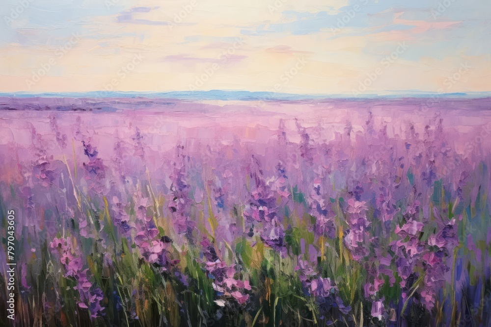 Field of purple flowers painting landscape lavender.