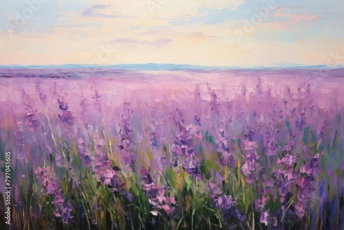 Field of purple flowers painting landscape lavender.