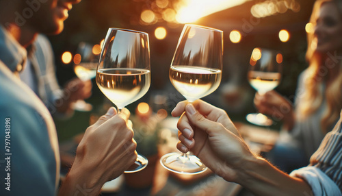 A close-up of hands clinking white wine glasses together in a celebratory toast.  photo