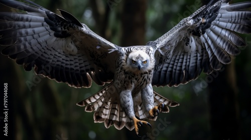 Majestic harpy eagle in flight with powerful talons outstretched in a forest setting