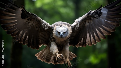 Majestic harpy eagle in flight with powerful talons outstretched in a forest setting