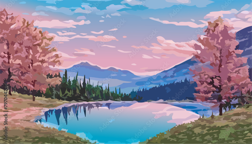 Beautiful landscape with lake and mountains at sunset Beautiful landscape with lake and mountains at sunset
