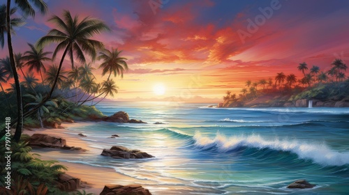 Serene tropical beach scene at sunrise with palm trees and gentle waves © Yusif