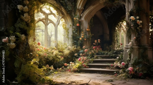 Enchanting abandoned castle overgrown with lush flowers and vines