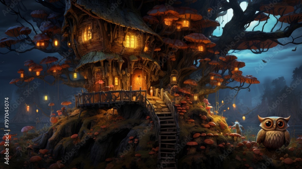 Enchanted forest home with a whimsical design, glowing mushrooms, and a mysterious owl