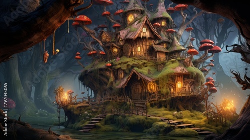 Enchanted forest home with a whimsical design, glowing mushrooms, and a mysterious owl