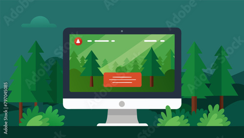 A desktop computer screen displaying a screensaver of a green forest with a message reminding users to shut down their computers when not in