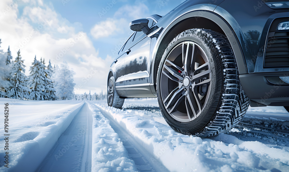 Brand new winter car tires showcased against a snowy road backdrop, perfect for promoting safe travels during the winter season.