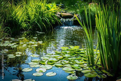 A tranquil pond surrounded by green reeds and lily pads.