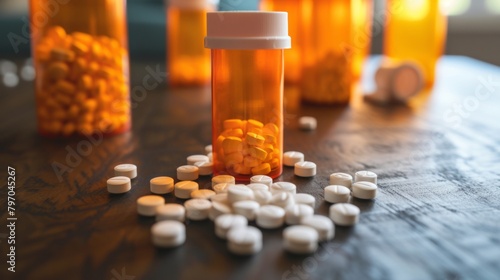 Medicine pill drug tablet in bottle on table at home closeup view