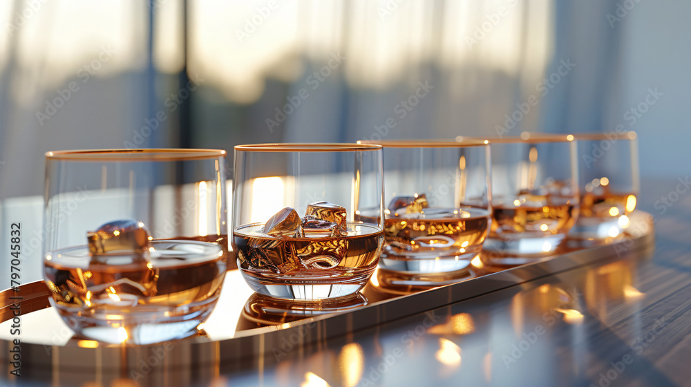 Sophisticated Spirits: Elegant Whiskey Glasses on Minimalist Tray Sophisticated Spirits: Elegant Whiskey Glasses on Minimalist Tray