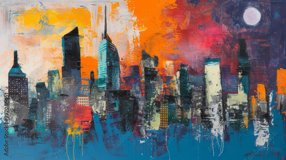Oil painting of a big city skyline