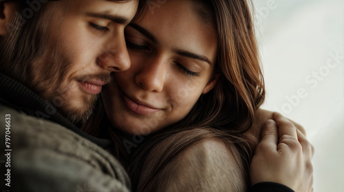 A close-up of a happy couple embracing each other tenderly