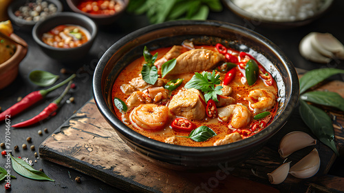 Thai traditional food, Red curry, spicy soup, dark food photography