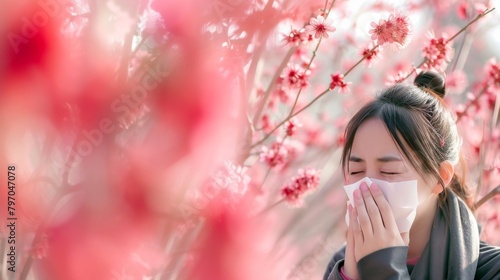 A female sneezing due to pollen allergy.