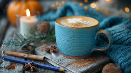 blue ceramic cup with cappuccino on the table with autumn decoration, pumpkin, candle, anise, string fairy lights, blue knitted blanket. 