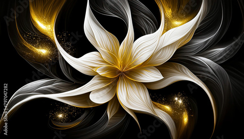 Fleur abstraite blanche et dorée sur fond noir. Papier peint fleuri
