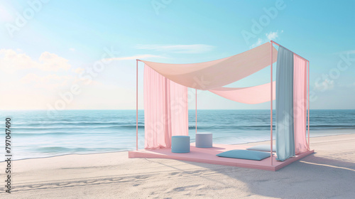 Elegant beach canopy on sandy shore at sunrise
