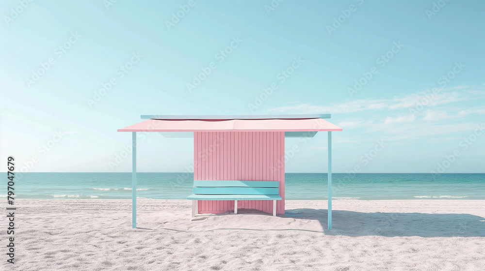 Minimalist beach daybed with vibrant accents and clear sky