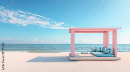 Modern beach lounge with pillows under clear sky
